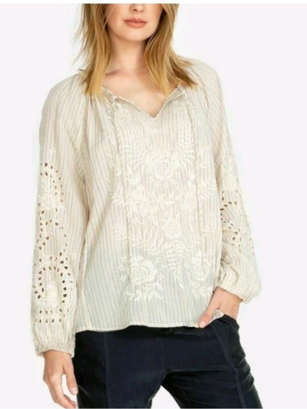 Johnny Was Workshop Avaline Marrakesh Cotton Blouse Embroidered Cream Striped, M
